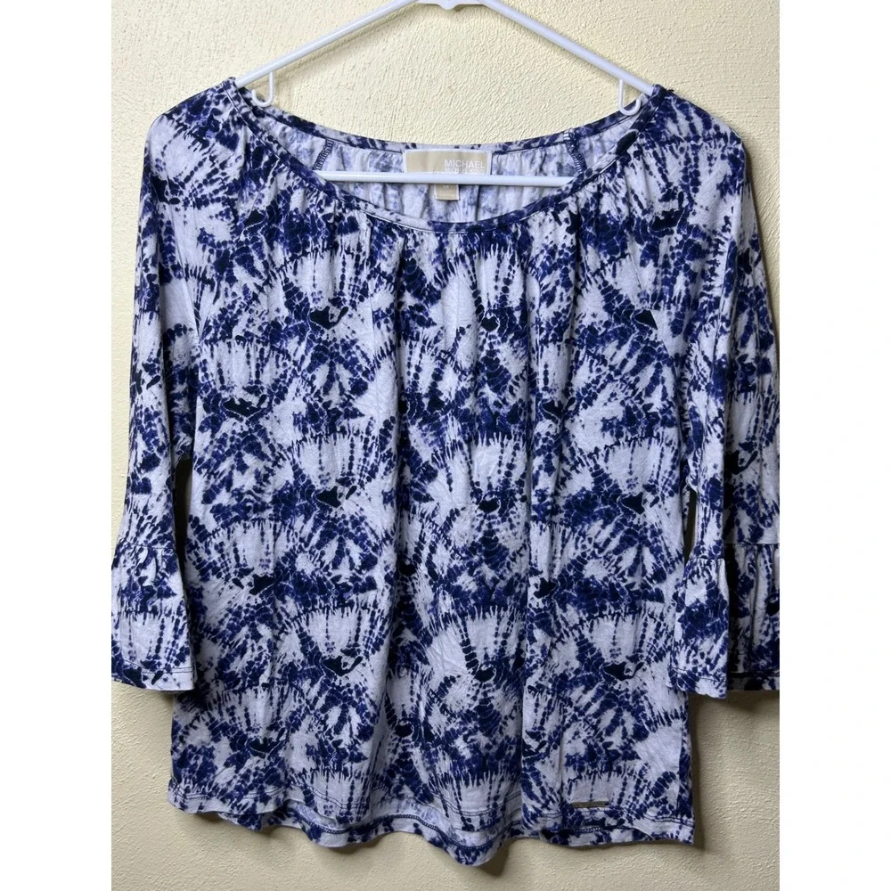 Michael Kors Blue White Tie Dye Ruffle Sleeve Top Medium Scoop Neck Shibori